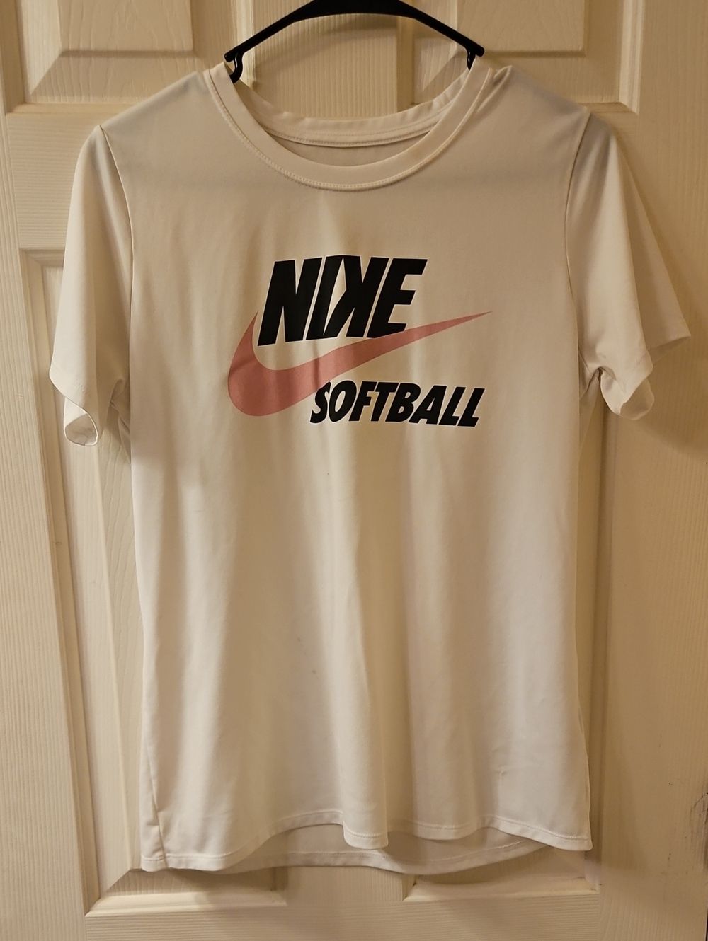 Nike White Short-Sleeve Softball Tee with Pink Swoosh